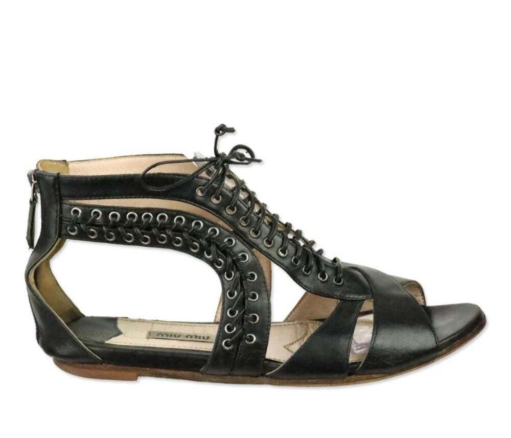 Miu Miu Black Leather Lace-up Gladiator Sandals Size 37